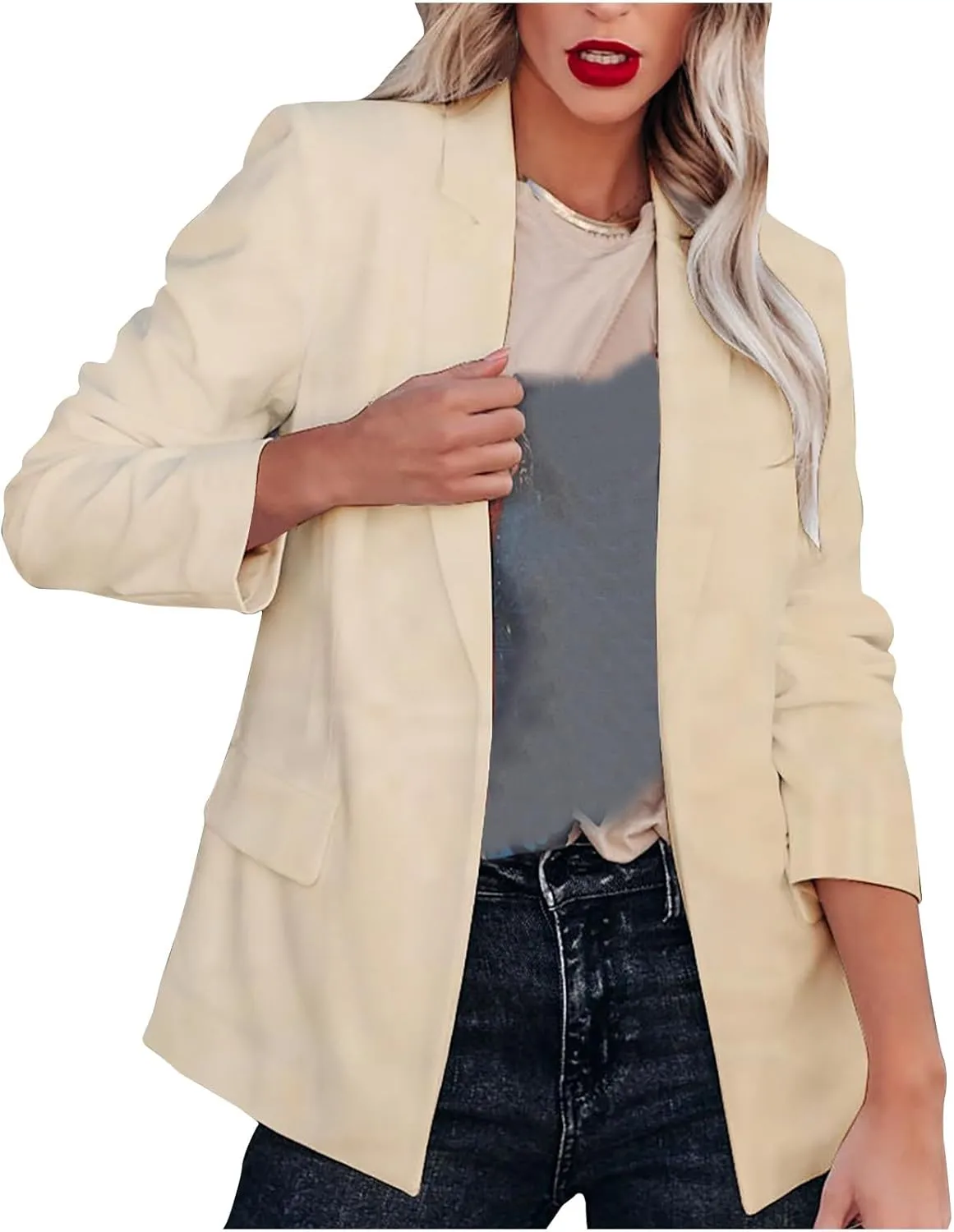 2024 Fall Blazers for Women Business Open Front Blazer Coat Casual Solid Lapel Buttonless Blazer Jacket with Pocket