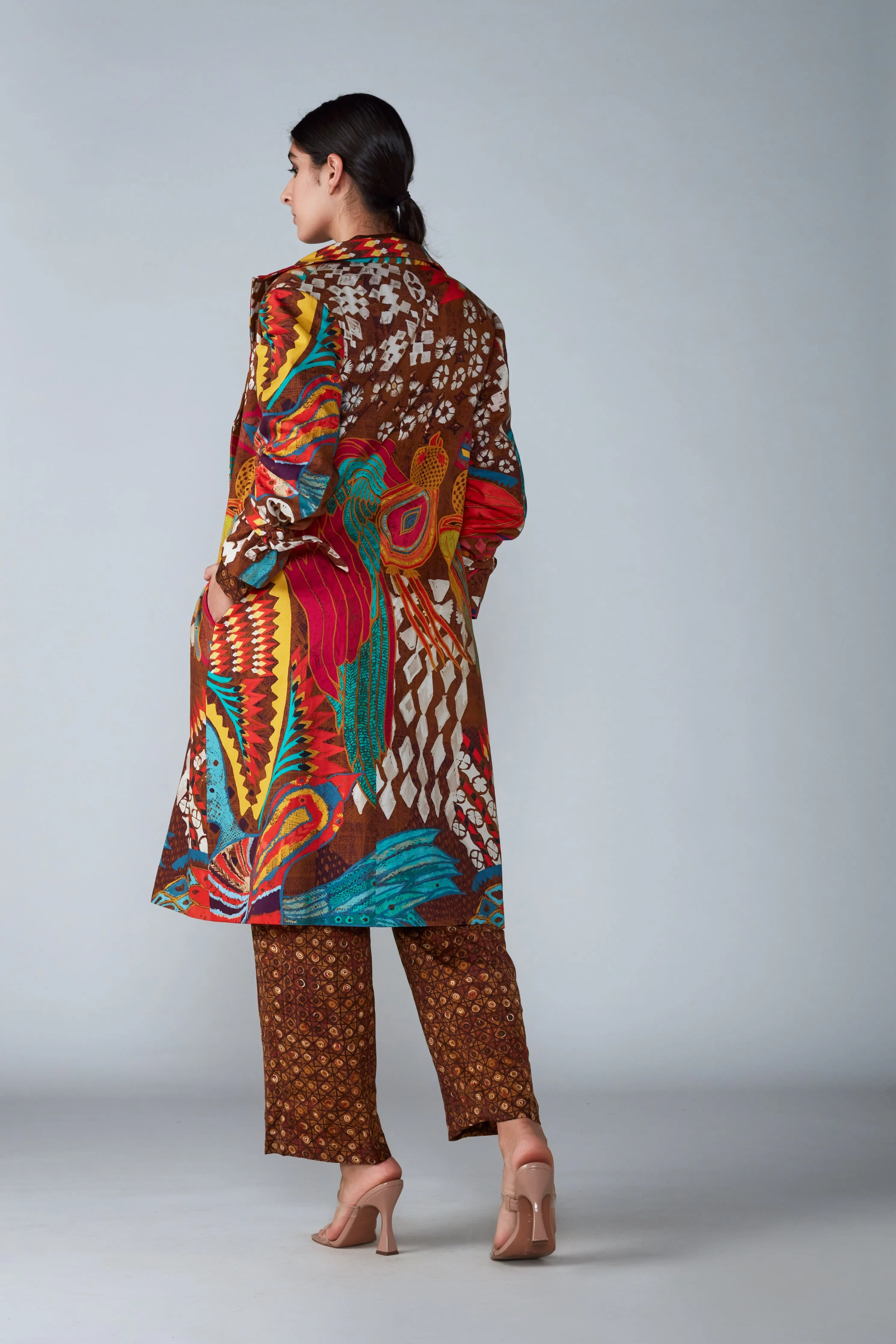 Abstract Bird Print Coat Set