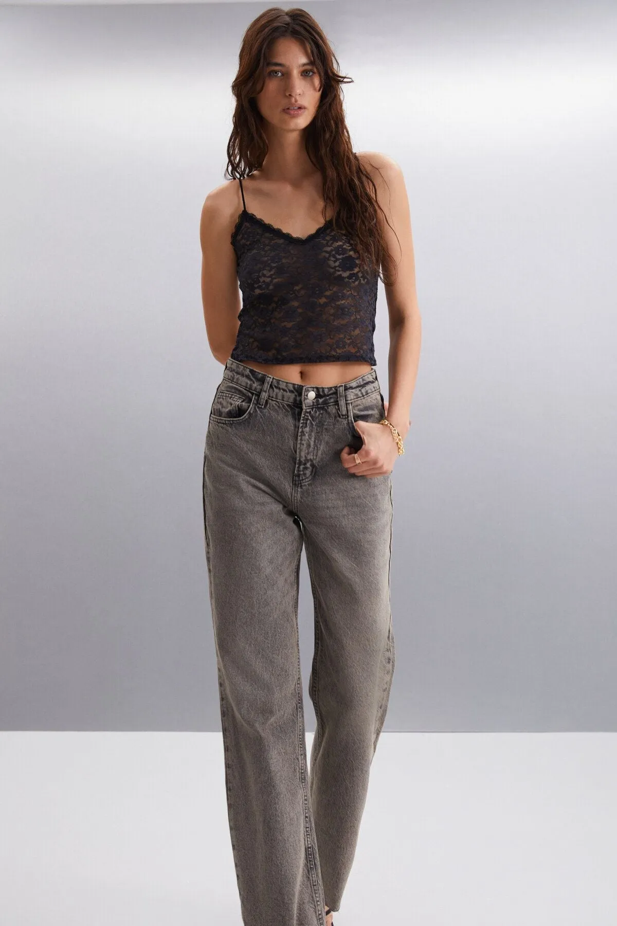 Alkıda Women Denim Wide Leg Gray bleach 100 %cotton jeans anthracite jeans