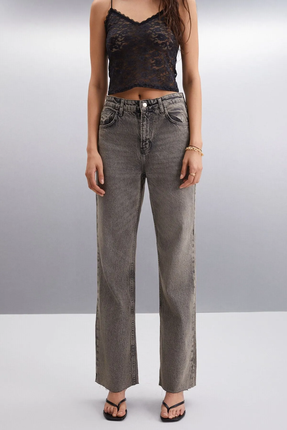 Alkıda Women Denim Wide Leg Gray bleach 100 %cotton jeans anthracite jeans