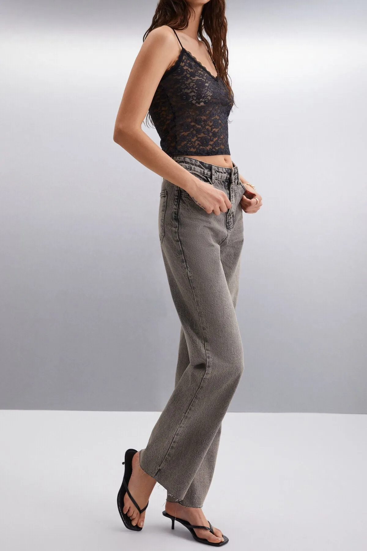 Alkıda Women Denim Wide Leg Gray bleach 100 %cotton jeans anthracite jeans