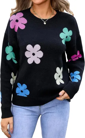 Angashion Womens Sweaters Flower Print - Crewneck Knitted Long Sleeve Sweaters Fall Winter Pullover Casual Top