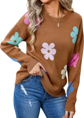 Angashion Womens Sweaters Flower Print - Crewneck Knitted Long Sleeve Sweaters Fall Winter Pullover Casual Top