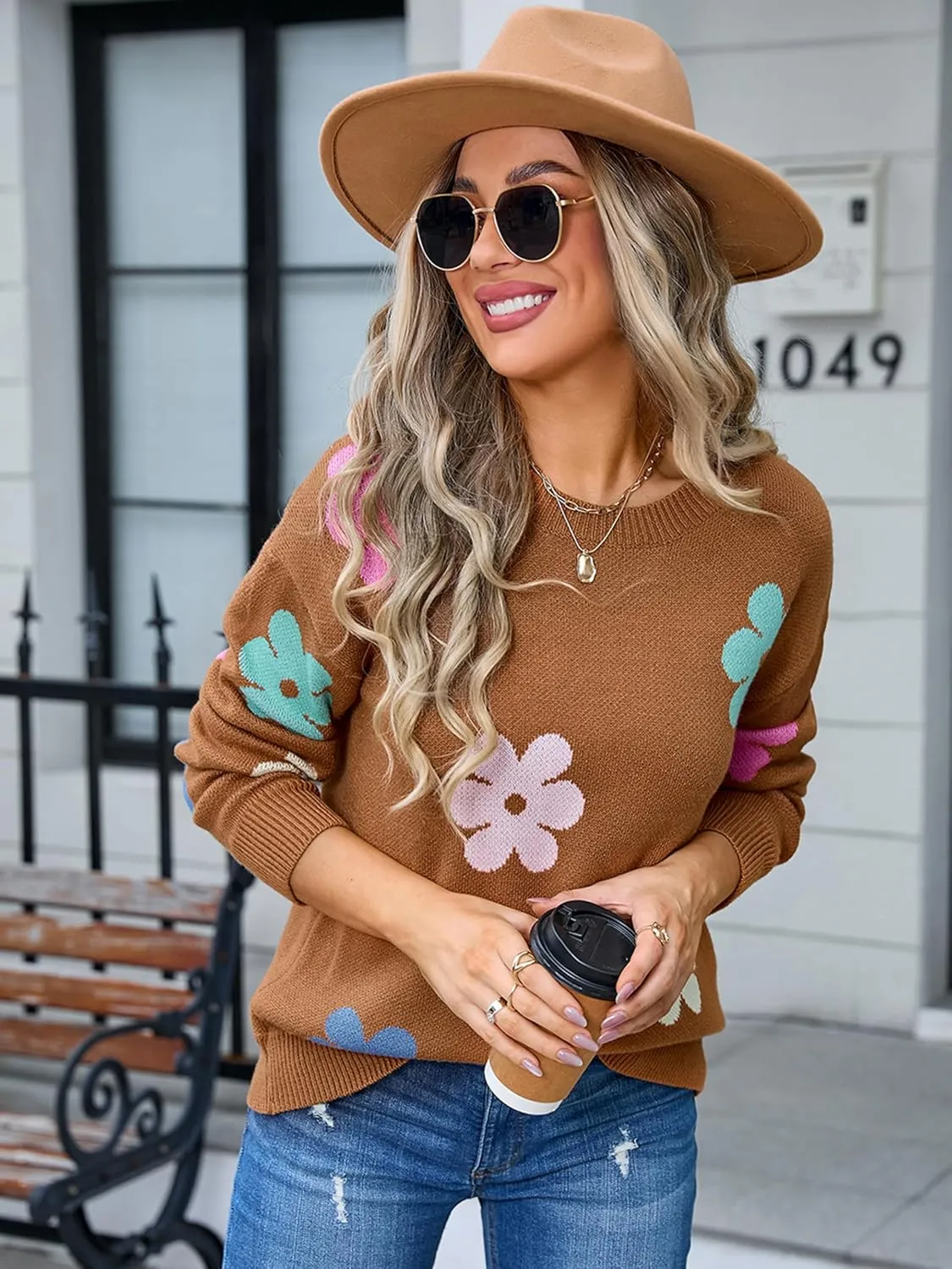 Angashion Womens Sweaters Flower Print - Crewneck Knitted Long Sleeve Sweaters Fall Winter Pullover Casual Top