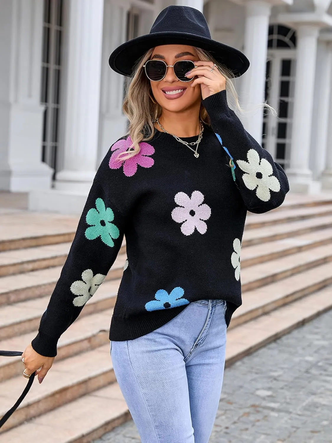 Angashion Womens Sweaters Flower Print - Crewneck Knitted Long Sleeve Sweaters Fall Winter Pullover Casual Top