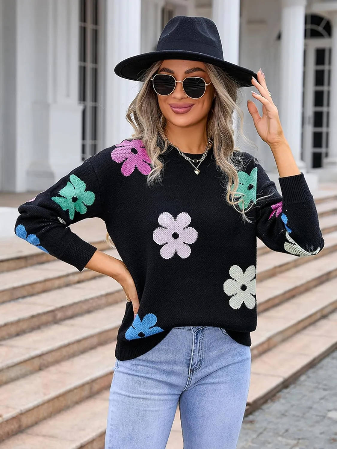 Angashion Womens Sweaters Flower Print - Crewneck Knitted Long Sleeve Sweaters Fall Winter Pullover Casual Top