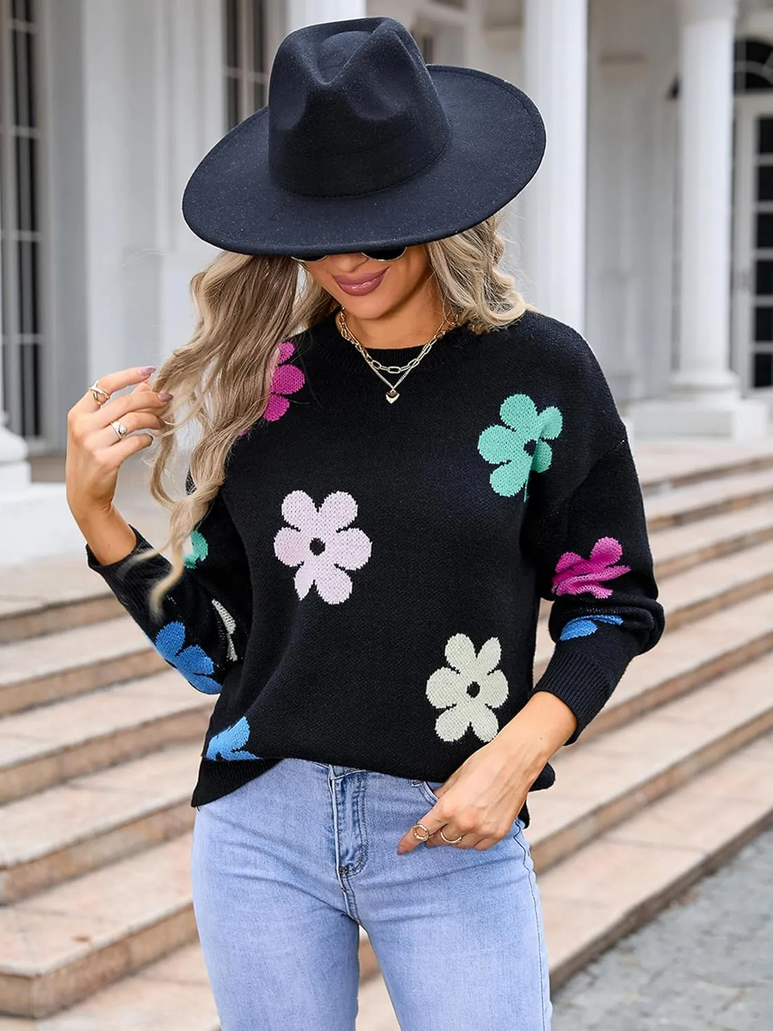 Angashion Womens Sweaters Flower Print - Crewneck Knitted Long Sleeve Sweaters Fall Winter Pullover Casual Top