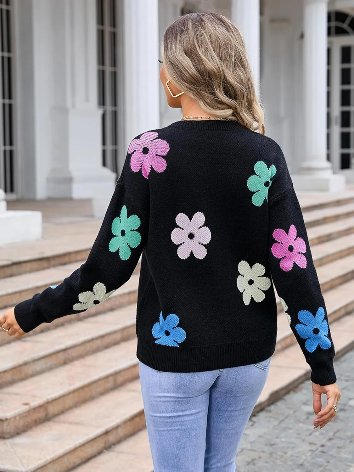 Angashion Womens Sweaters Flower Print - Crewneck Knitted Long Sleeve Sweaters Fall Winter Pullover Casual Top