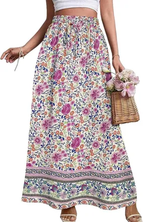 Beach Women's Skirts, Casual Vacation Boho Flowy Maxi Summer Womens Skirts