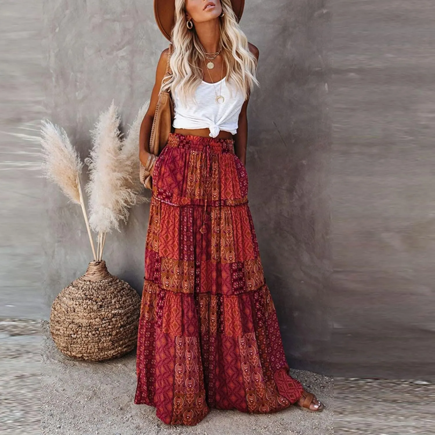 Boho Skirts for Women, Beach Maxi Casual Summer Trendy Flowy Womens Skirts