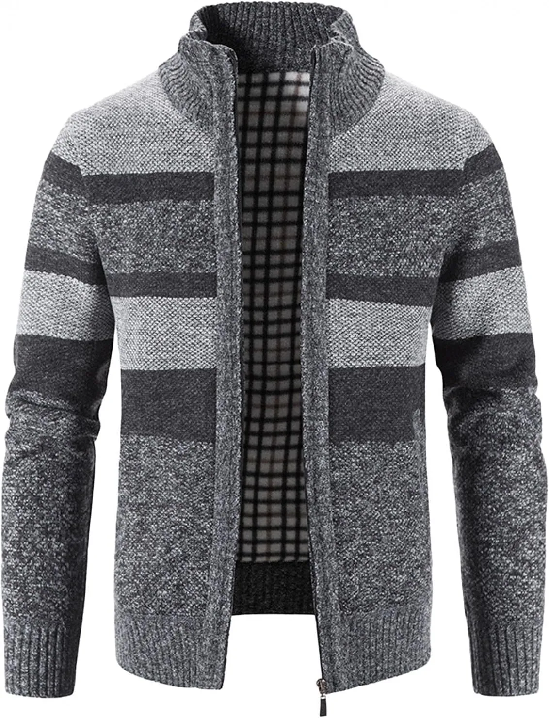 Burband Mens Casual Stand Collar Stripes Zipper Knitted Cardigan Sweaters Christmas Reindeer Snowflake Pullover Sweaters