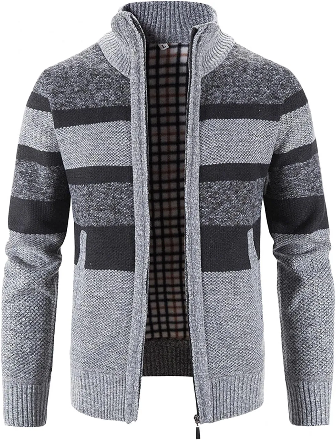 Burband Mens Casual Stand Collar Stripes Zipper Knitted Cardigan Sweaters Christmas Reindeer Snowflake Pullover Sweaters