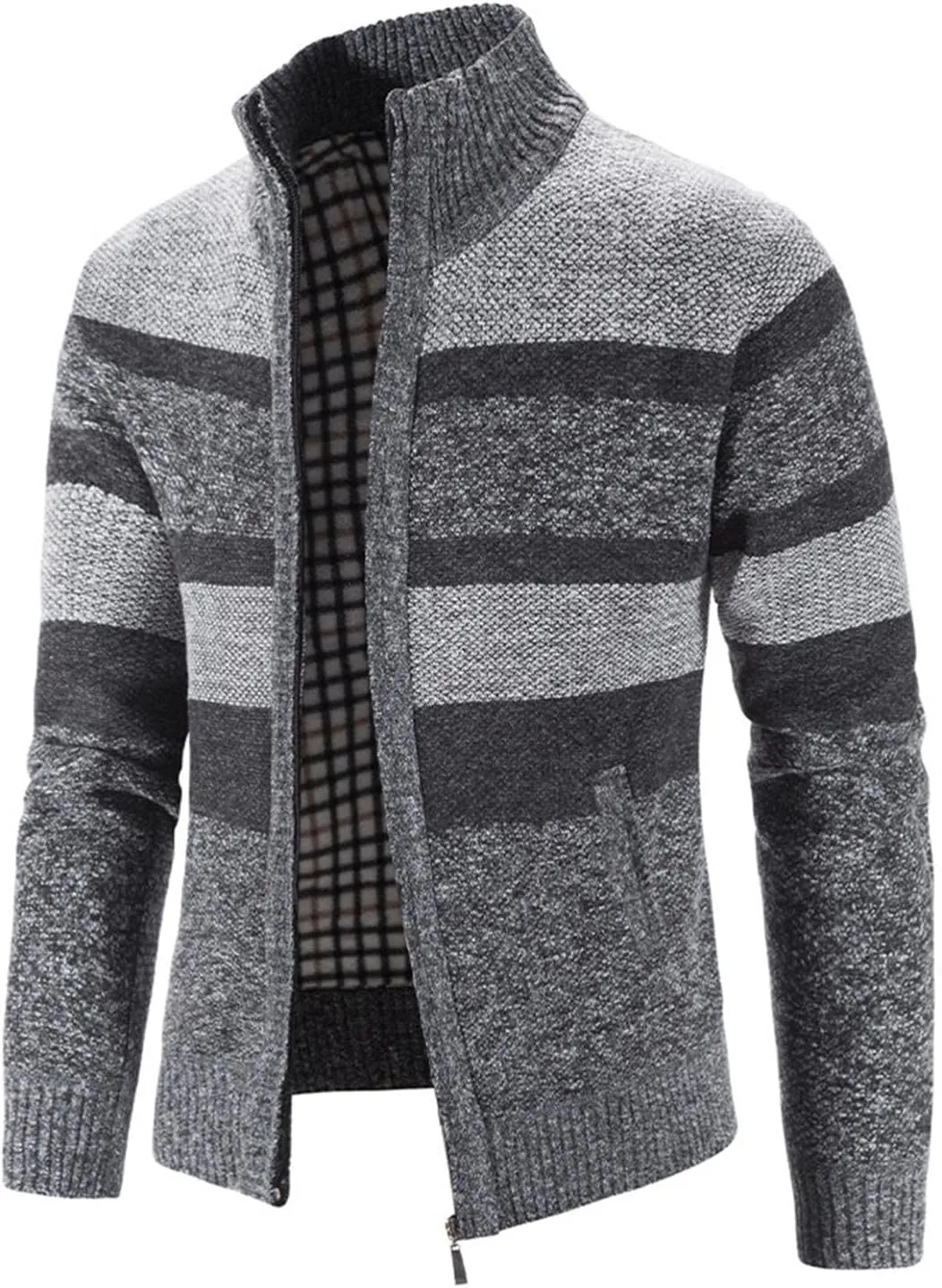 Burband Mens Casual Stand Collar Stripes Zipper Knitted Cardigan Sweaters Christmas Reindeer Snowflake Pullover Sweaters
