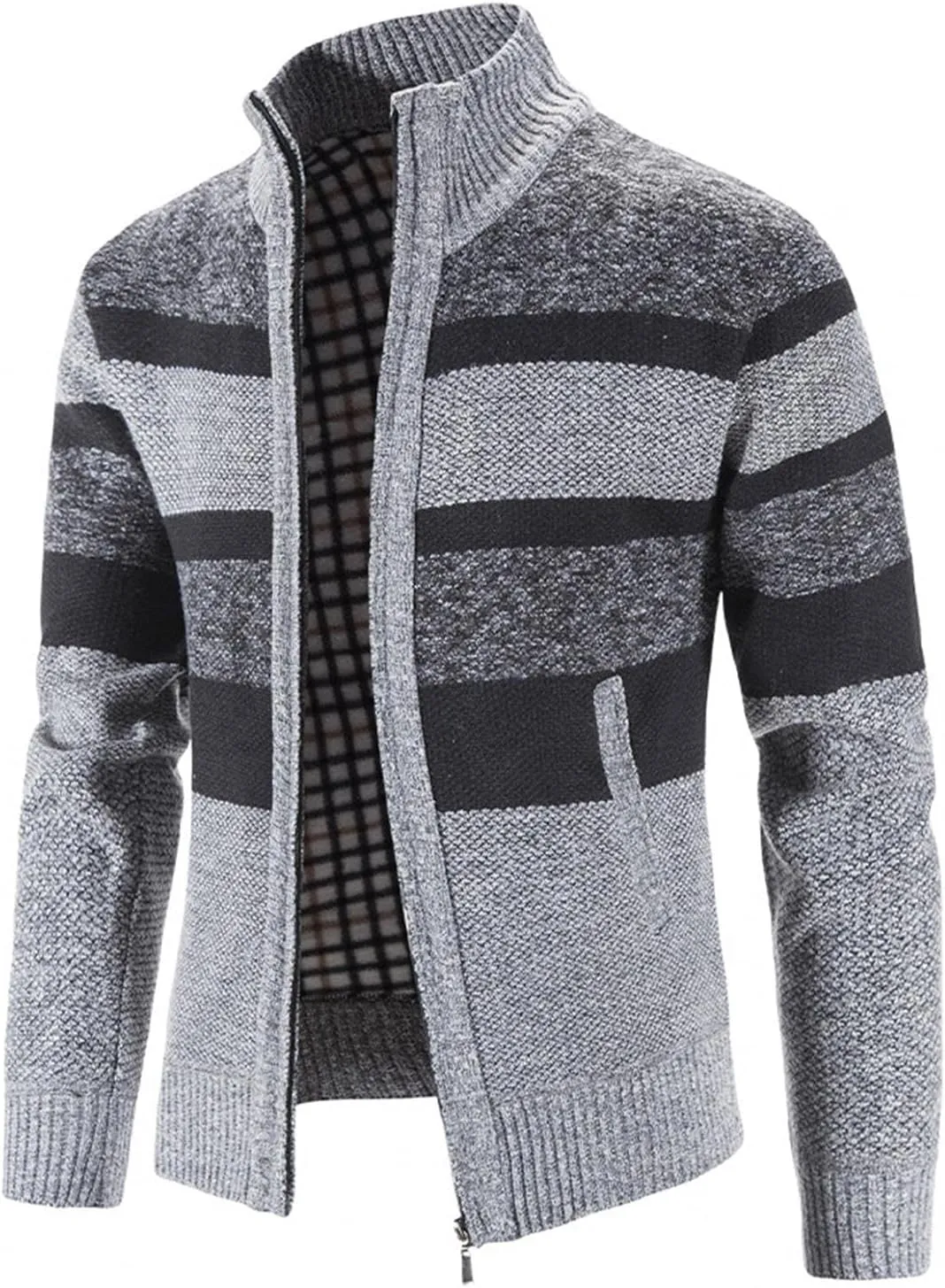 Burband Mens Casual Stand Collar Stripes Zipper Knitted Cardigan Sweaters Christmas Reindeer Snowflake Pullover Sweaters