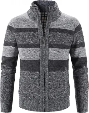 Burband Mens Casual Stand Collar Stripes Zipper Knitted Cardigan Sweaters Christmas Reindeer Snowflake Pullover Sweaters