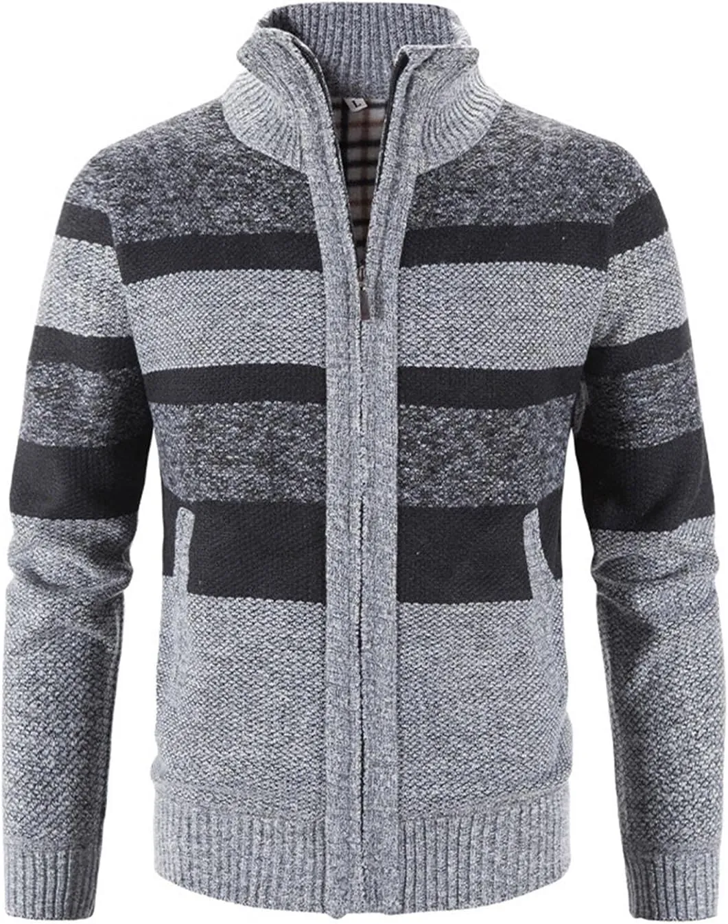 Burband Mens Casual Stand Collar Stripes Zipper Knitted Cardigan Sweaters Christmas Reindeer Snowflake Pullover Sweaters