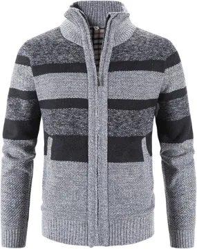 Burband Mens Casual Stand Collar Stripes Zipper Knitted Cardigan Sweaters Christmas Reindeer Snowflake Pullover Sweaters