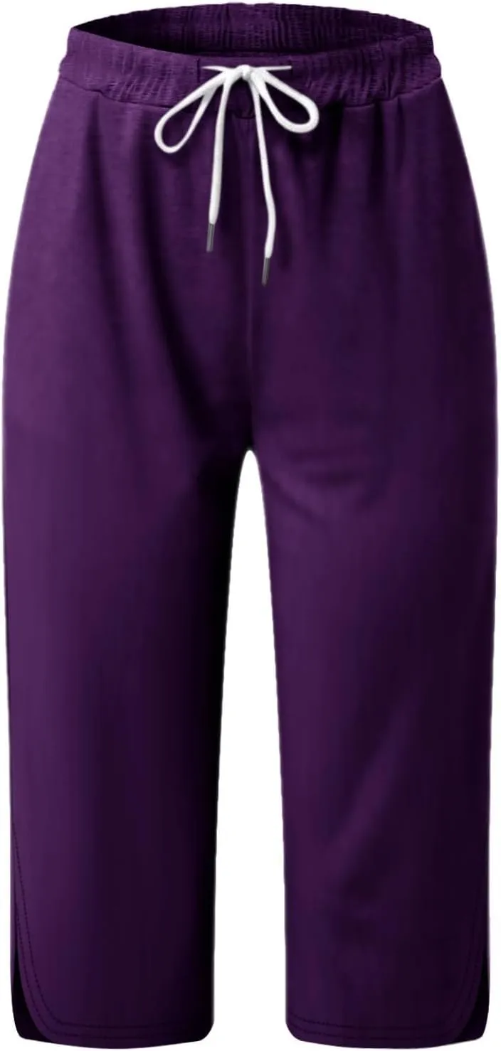 Capri Pants for Women Casual Summer Drawstring Elastic High Waist Casual Hiking Pant Straight Leg Cropped Trouser