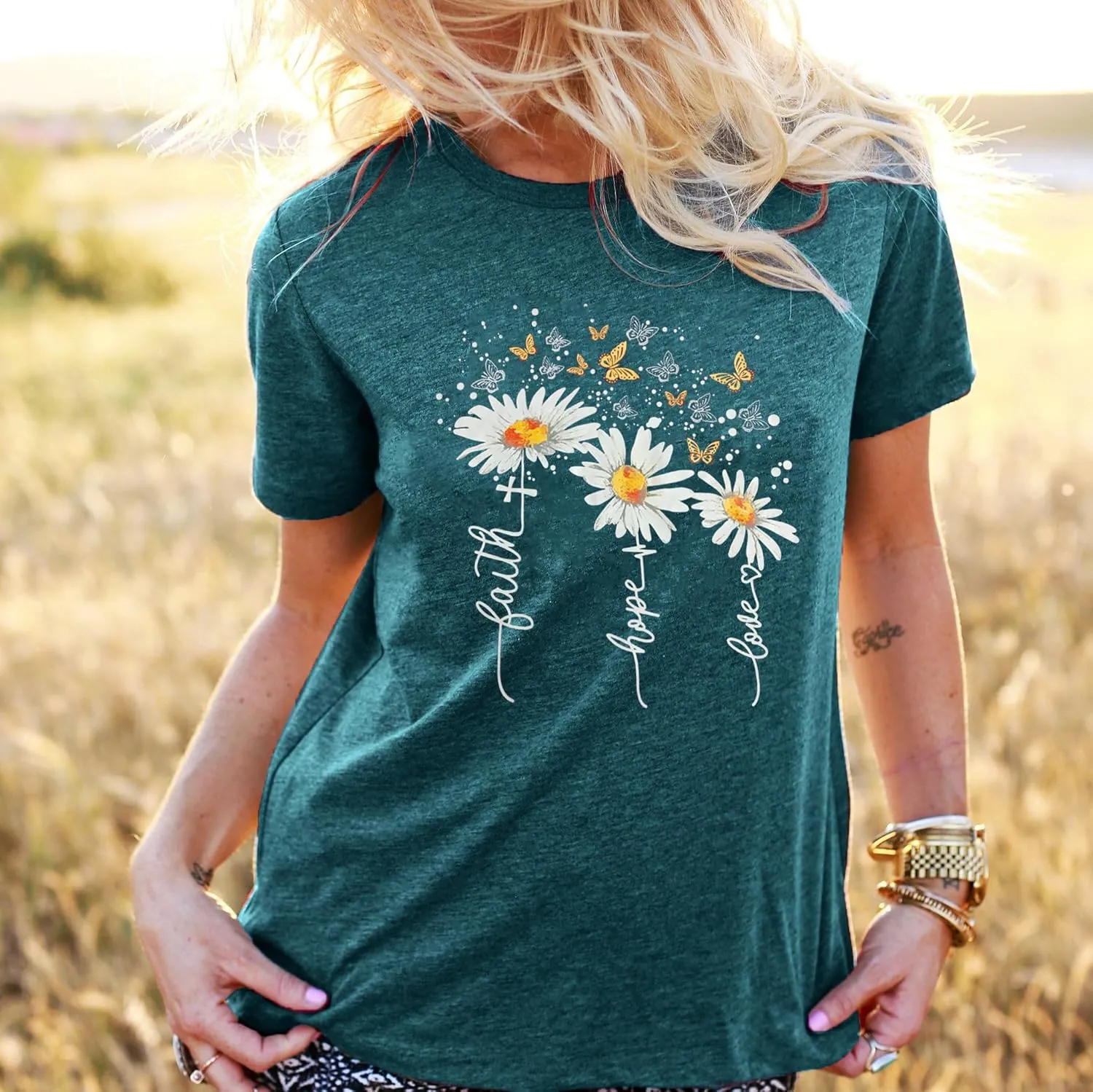 Christian Faith Shirts for Women Butterfly Daisy Graphic Casual T Shirts