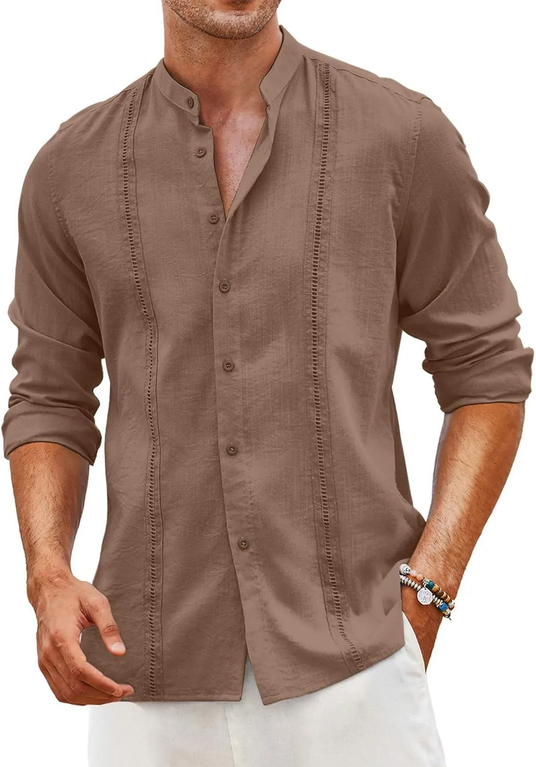COOFANDY Men's Cuban Guayabera Shirts Casual Long Sleeve Button Down Shirts Band Collar Linen Summer Beach Shirts