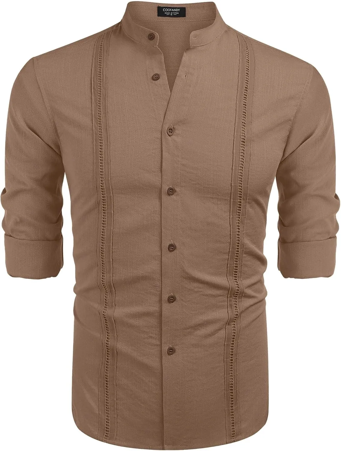 COOFANDY Men's Cuban Guayabera Shirts Casual Long Sleeve Button Down Shirts Band Collar Linen Summer Beach Shirts