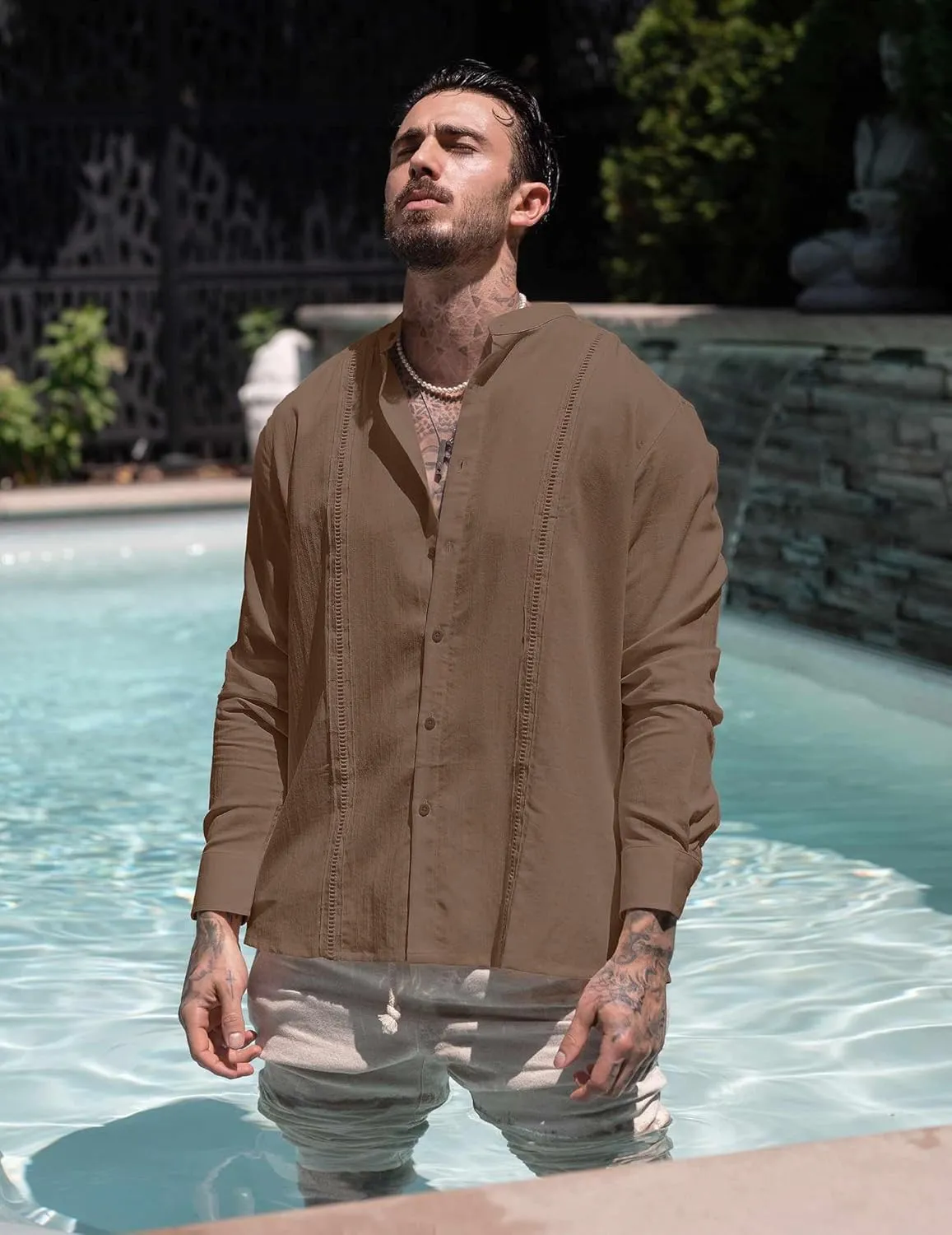 COOFANDY Men's Cuban Guayabera Shirts Casual Long Sleeve Button Down Shirts Band Collar Linen Summer Beach Shirts