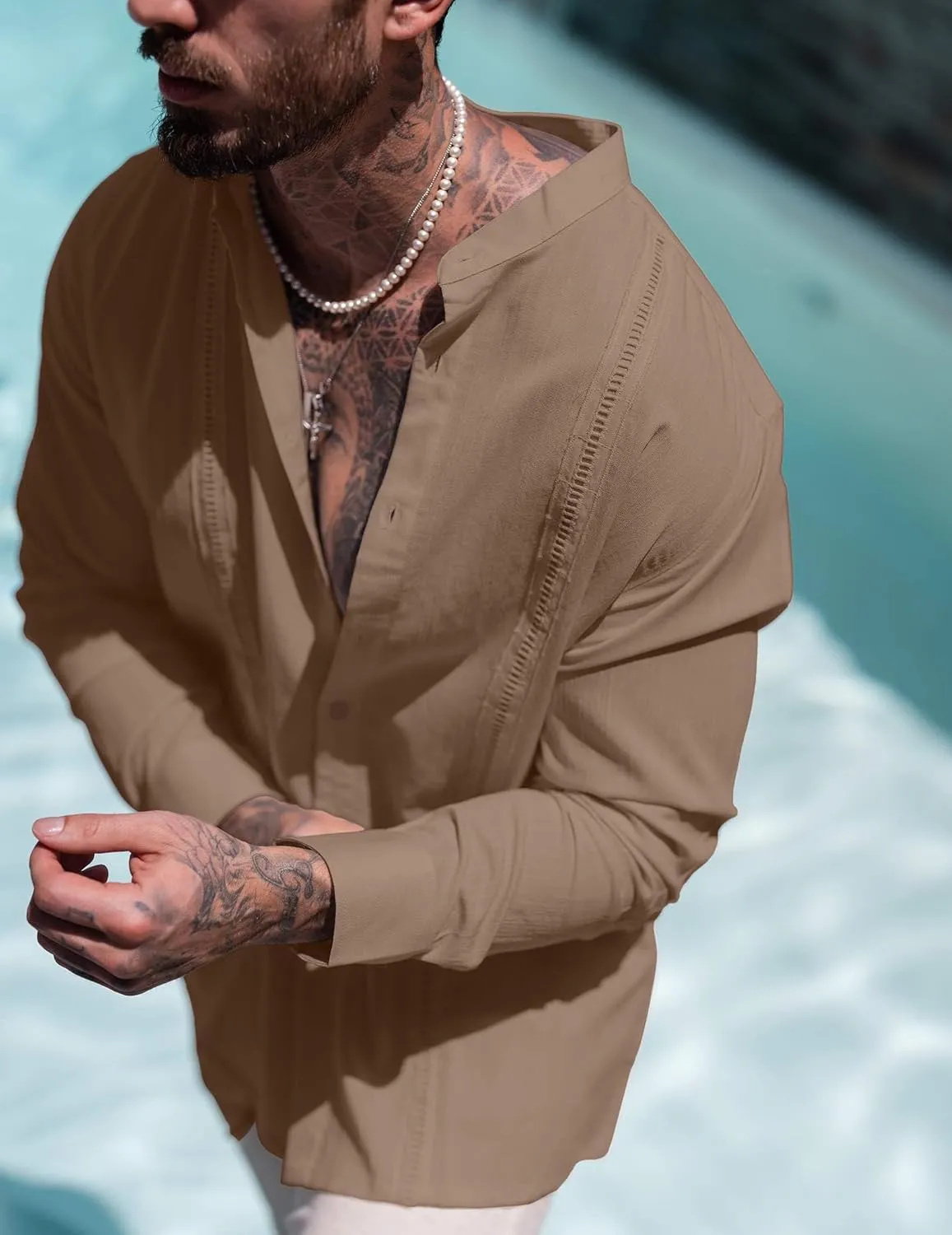 COOFANDY Men's Cuban Guayabera Shirts Casual Long Sleeve Button Down Shirts Band Collar Linen Summer Beach Shirts