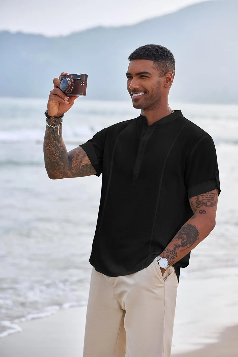 COOFANDY Men's Henley T-Shirts Short Sleeve Casual Button Henley Shirts Band Collar Tee Summer Beach Hippie Shirts