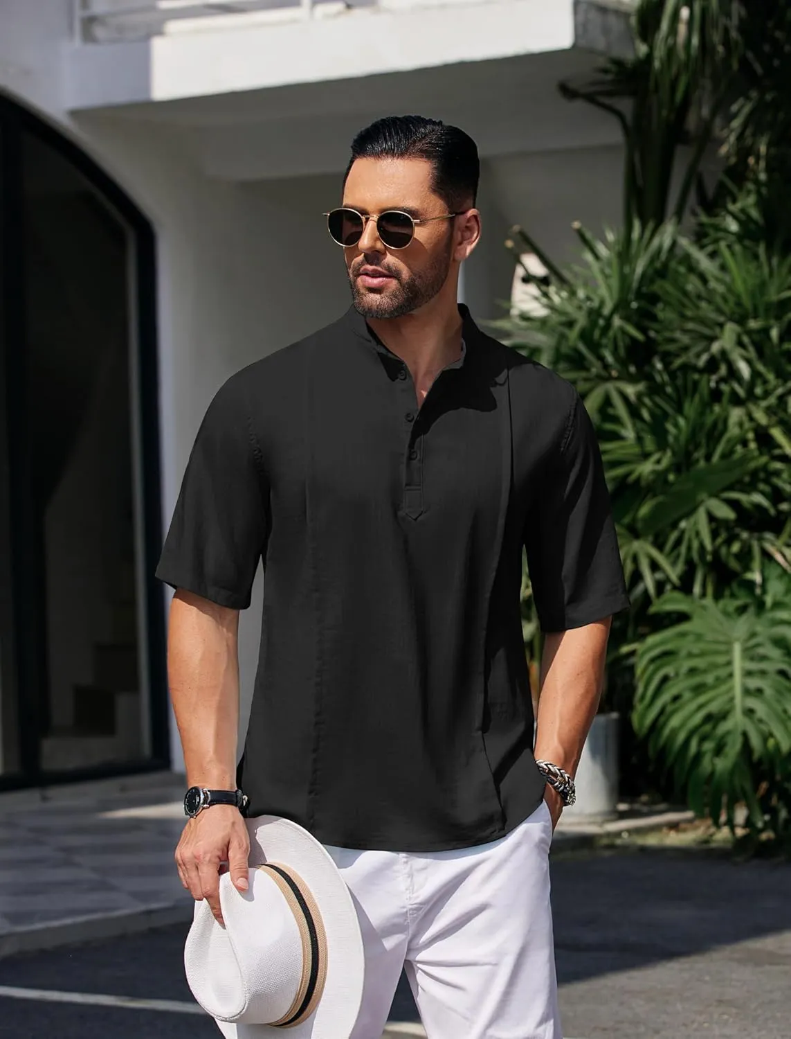 COOFANDY Men's Henley T-Shirts Short Sleeve Casual Button Henley Shirts Band Collar Tee Summer Beach Hippie Shirts