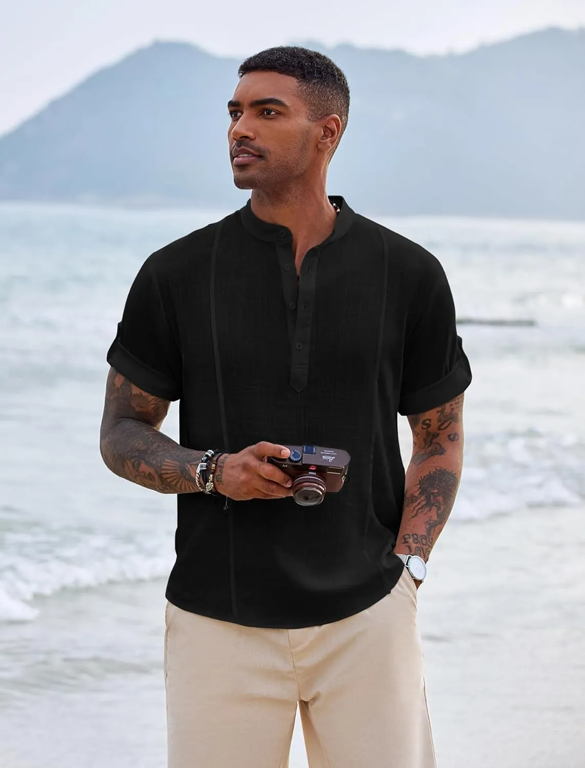 COOFANDY Men's Henley T-Shirts Short Sleeve Casual Button Henley Shirts Band Collar Tee Summer Beach Hippie Shirts
