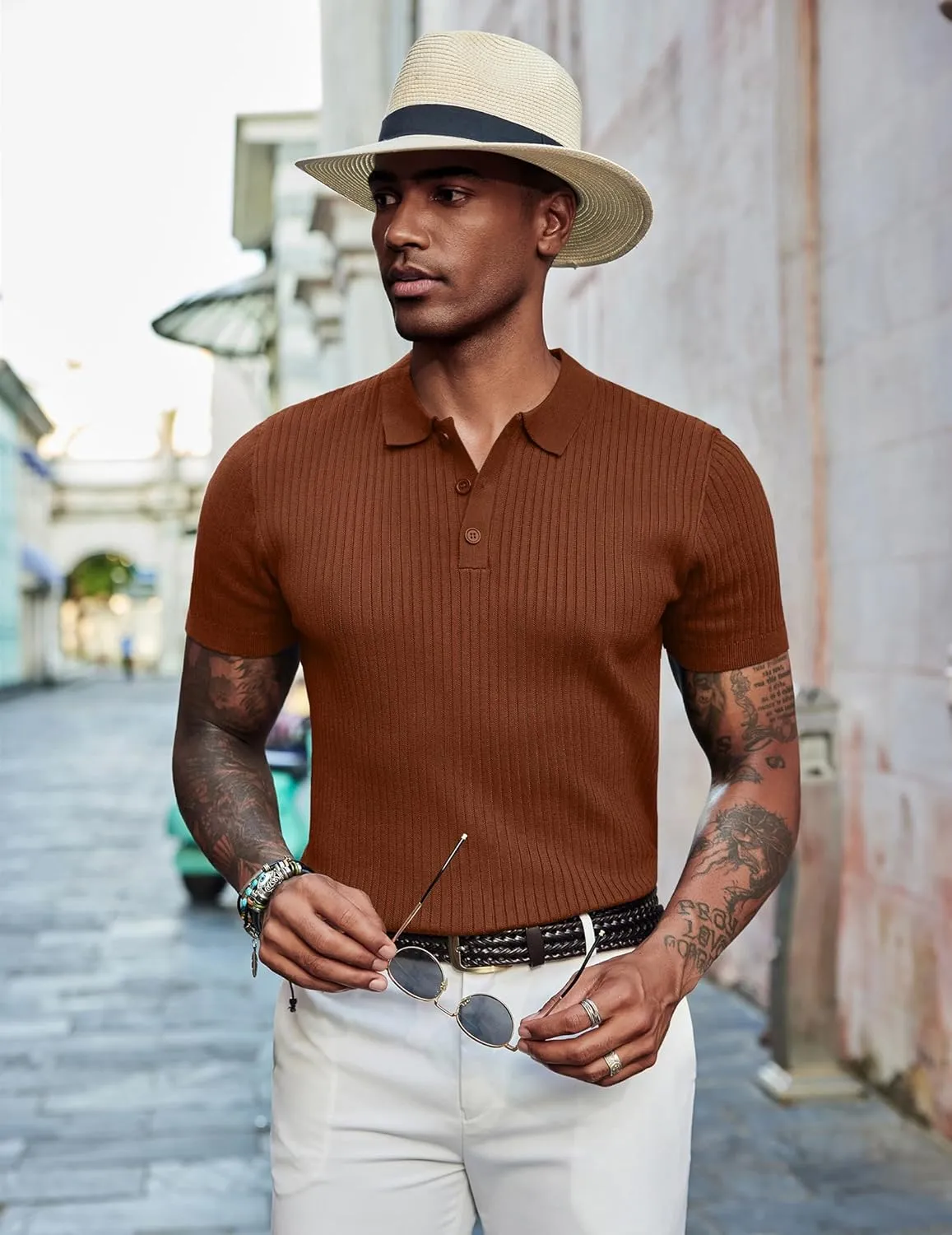 COOFANDY Mens Knit Polo Shirts Short Sleeve Golf Shirts Button Down Casual Polo T Shirts Textured Slim Fit Pullover