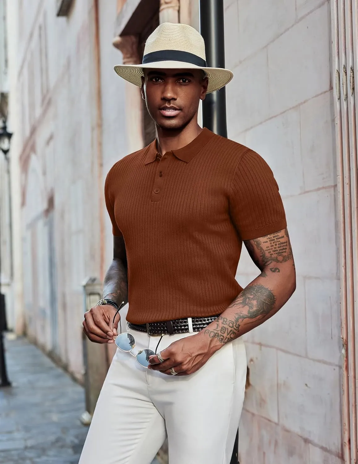 COOFANDY Mens Knit Polo Shirts Short Sleeve Golf Shirts Button Down Casual Polo T Shirts Textured Slim Fit Pullover