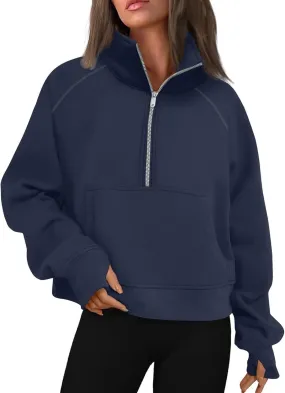Cropped Sweatshirts for Women Half Zip Preppy Sweatshirt Fleece Lightweight Sweatshirts with Pockets Batwing Sweaters