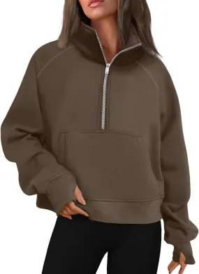 Cropped Sweatshirts for Women Half Zip Preppy Sweatshirt Fleece Lightweight Sweatshirts with Pockets Batwing Sweaters