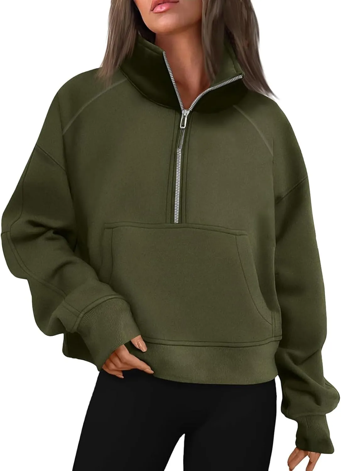 Cropped Sweatshirts for Women Half Zip Preppy Sweatshirt Fleece Lightweight Sweatshirts with Pockets Batwing Sweaters