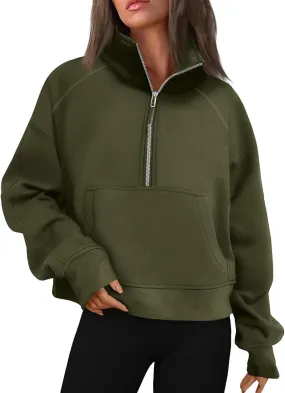 Cropped Sweatshirts for Women Half Zip Preppy Sweatshirt Fleece Lightweight Sweatshirts with Pockets Batwing Sweaters