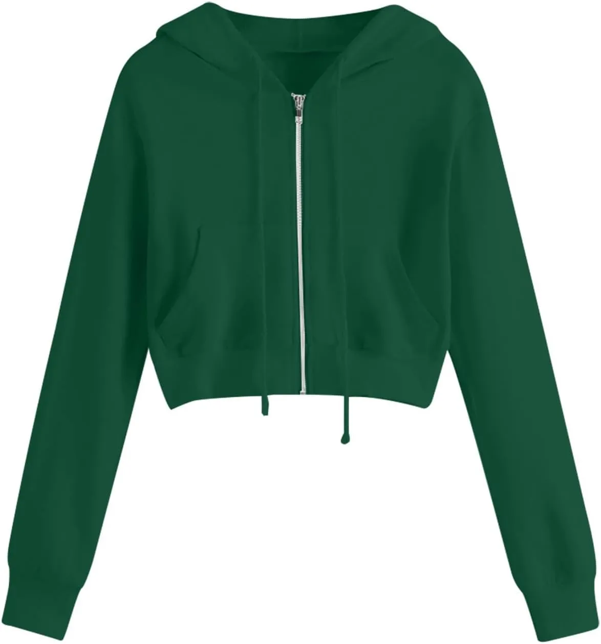 Cropped Sweatshirts for Women Zip Up Jackets Drawstring Hoodies Solid Color Sweatshirts Workout Tops with Pockets
