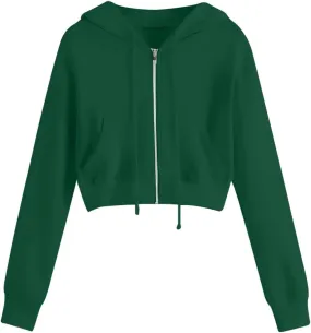 Cropped Sweatshirts for Women Zip Up Jackets Drawstring Hoodies Solid Color Sweatshirts Workout Tops with Pockets