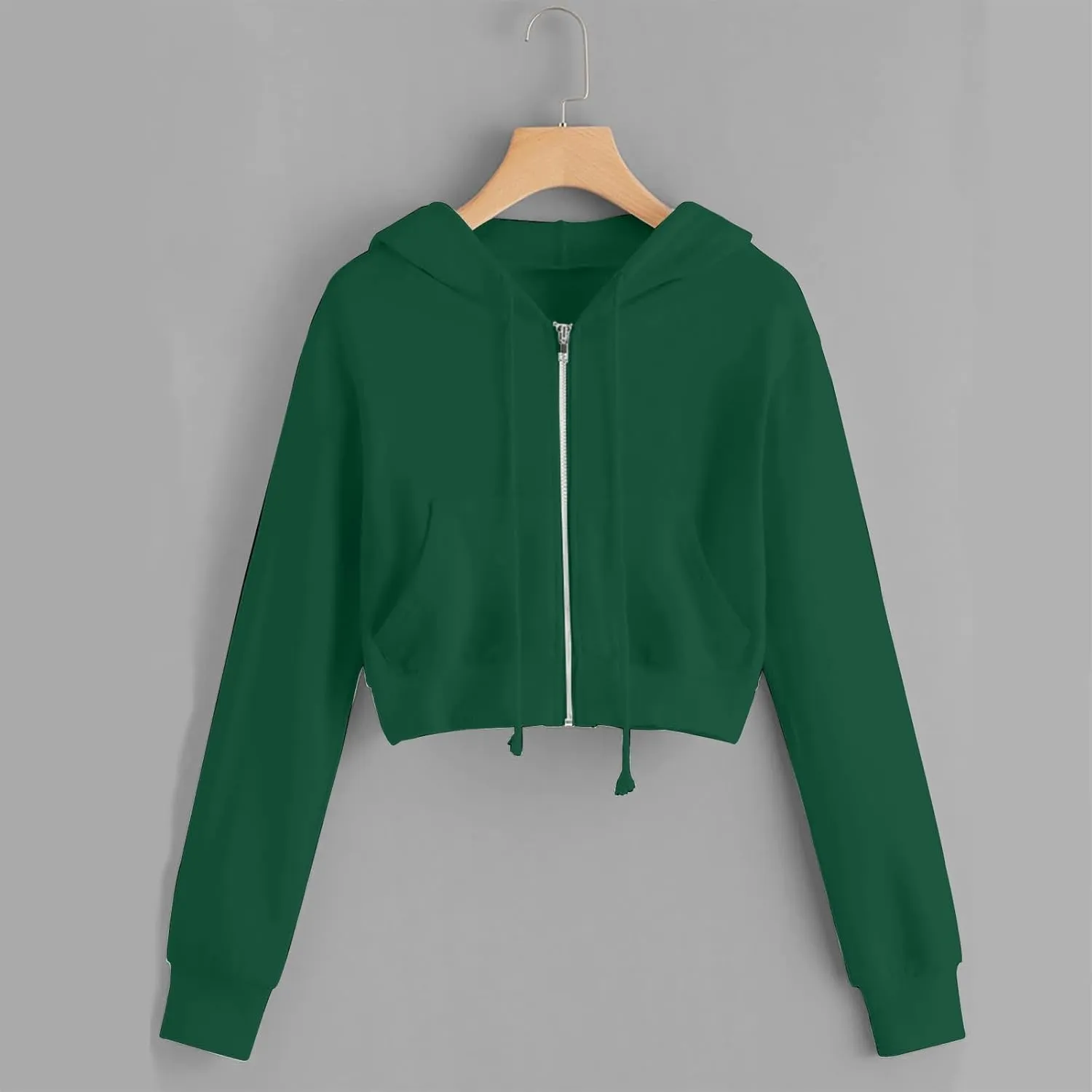 Cropped Sweatshirts for Women Zip Up Jackets Drawstring Hoodies Solid Color Sweatshirts Workout Tops with Pockets