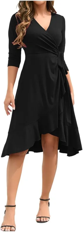 Evening Dresses for Women 3/4 Sleeve Wrap V Neck Bodycon Ruffle Swing Solid Mid Rise Wear to Work Midi Dress