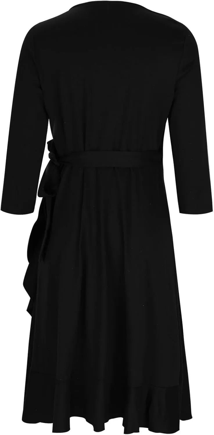 Evening Dresses for Women 3/4 Sleeve Wrap V Neck Bodycon Ruffle Swing Solid Mid Rise Wear to Work Midi Dress