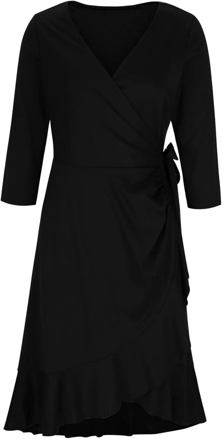 Evening Dresses for Women 3/4 Sleeve Wrap V Neck Bodycon Ruffle Swing Solid Mid Rise Wear to Work Midi Dress