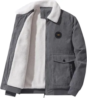 evzosrz Men's Corduroy Jacket Sherpa Trucker Long Sleeve Vintage Fleece Lined Zip Up Jacket Turndown Collar Coat Outerwear