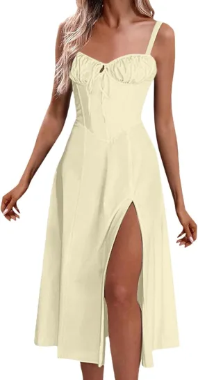 Floral Midi Corset Dress Boho Flowy Slit Lace Up Dresses for Women Going Out A Line Casual Sundress
