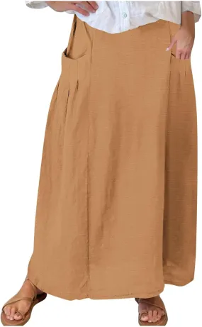 FZYLQY Womens High Waist Maxi Skirts Casual Loose Fit Flowy Swing Pleated A Line Long Skirts Solid Color Skirts with Pocket