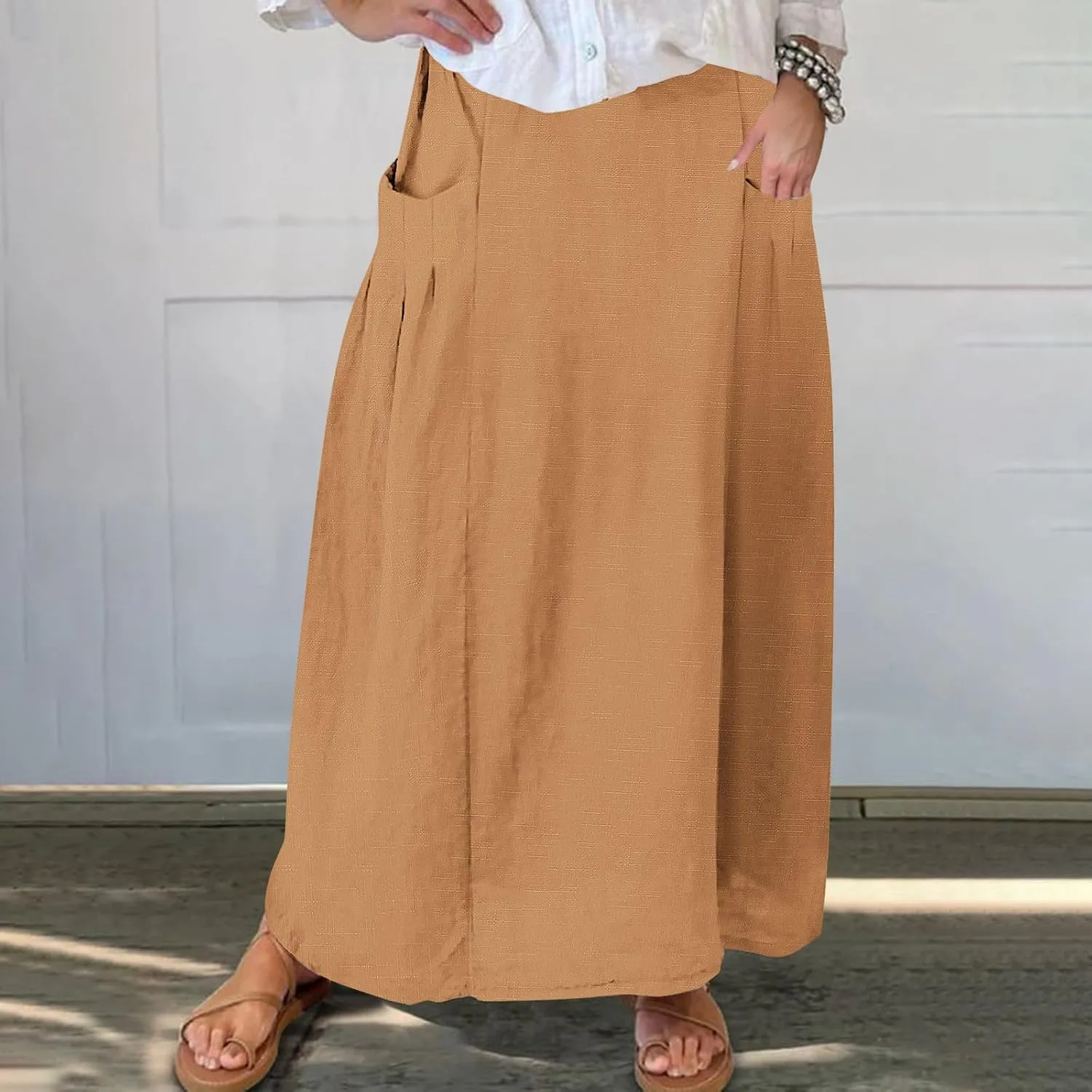 FZYLQY Womens High Waist Maxi Skirts Casual Loose Fit Flowy Swing Pleated A Line Long Skirts Solid Color Skirts with Pocket