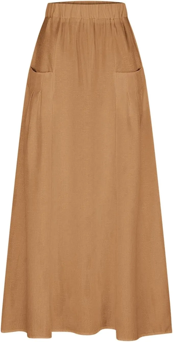 FZYLQY Womens High Waist Maxi Skirts Casual Loose Fit Flowy Swing Pleated A Line Long Skirts Solid Color Skirts with Pocket