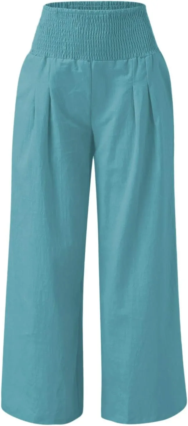 High Waist Wide Leg Palazzo Pants for Women Smocked Elastic Waist Loose Comfy Casual Pajama Pants Pockets Casual