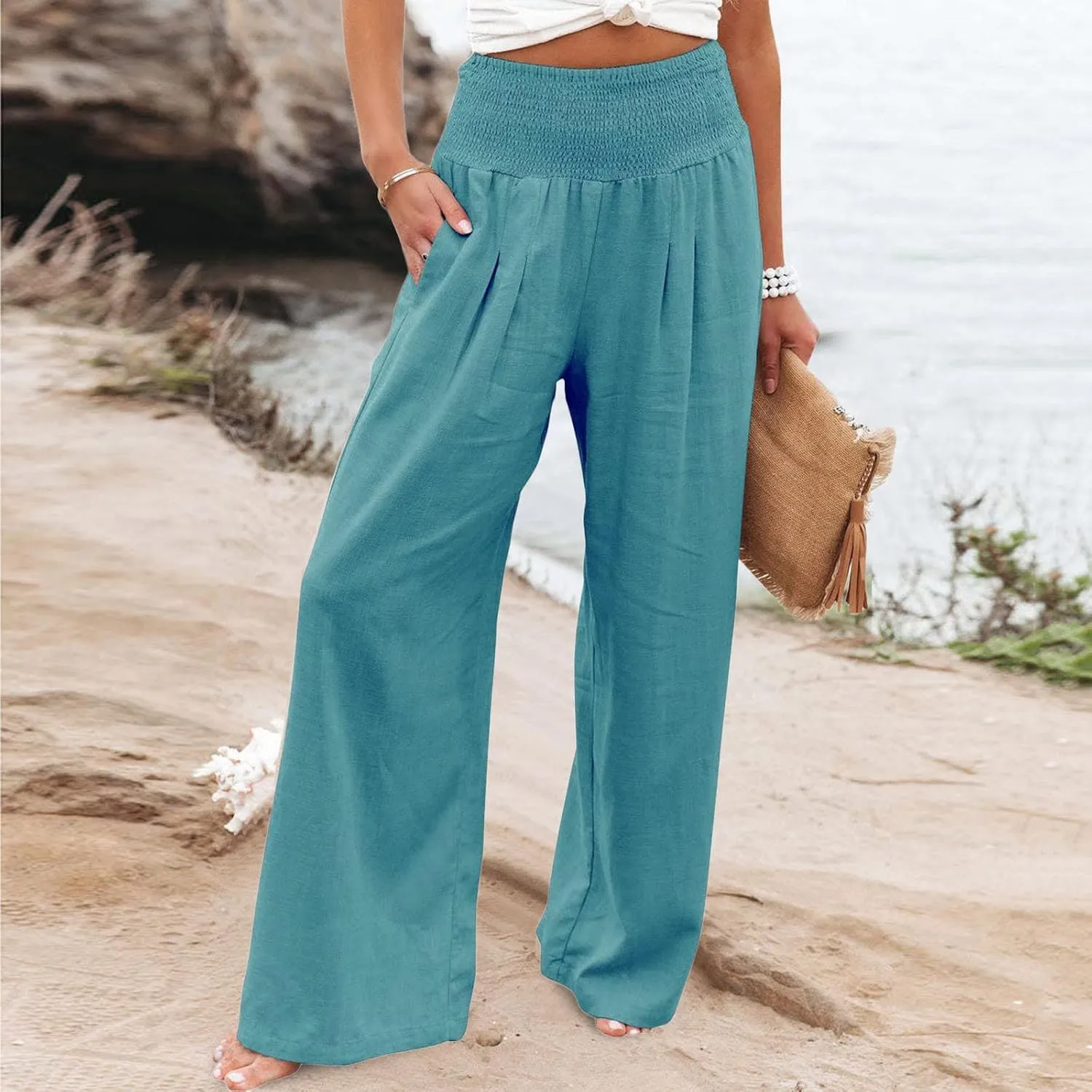 High Waist Wide Leg Palazzo Pants for Women Smocked Elastic Waist Loose Comfy Casual Pajama Pants Pockets Casual