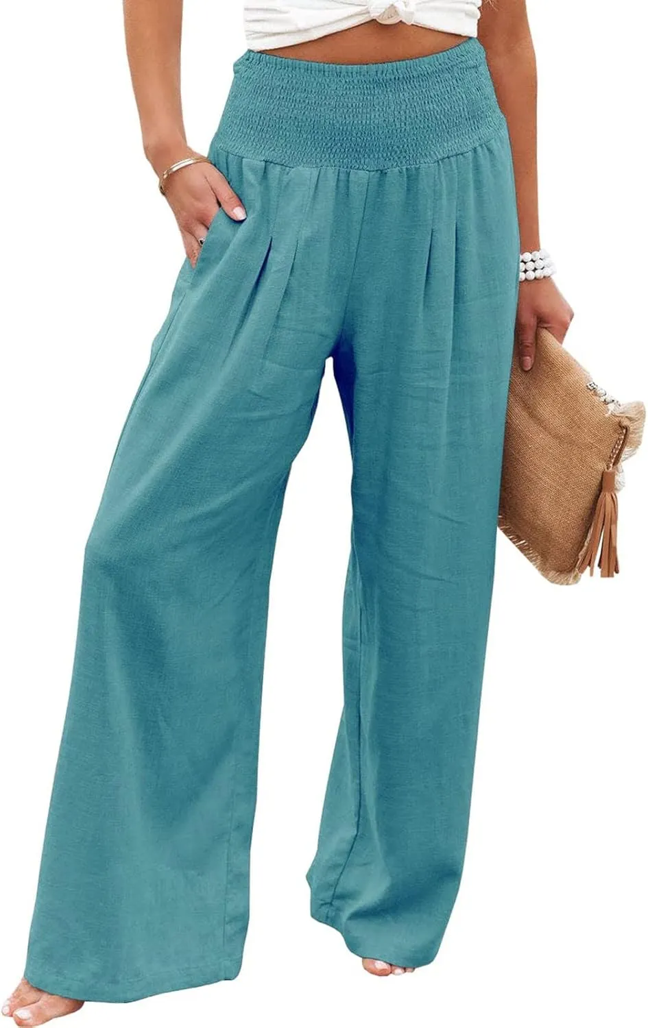 High Waist Wide Leg Palazzo Pants for Women Smocked Elastic Waist Loose Comfy Casual Pajama Pants Pockets Casual